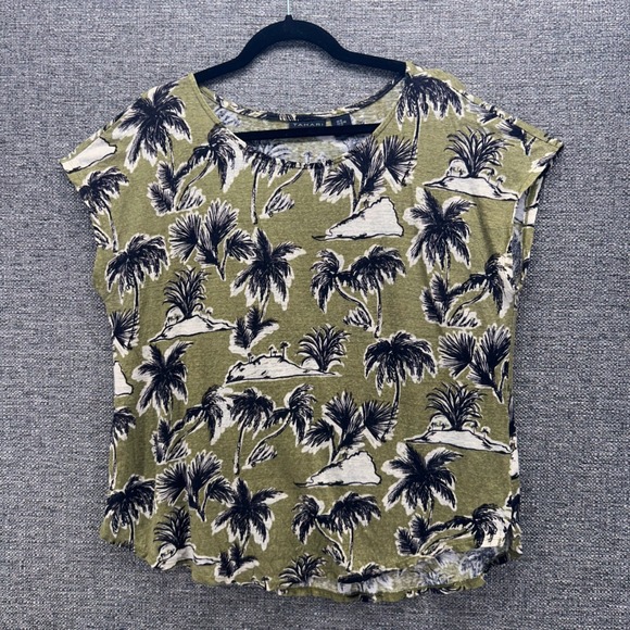 Tahari Womens Blouse Size XL 100% Linen Summer Hawaii Palm Print Tropical Soft - Picture 1 of 13